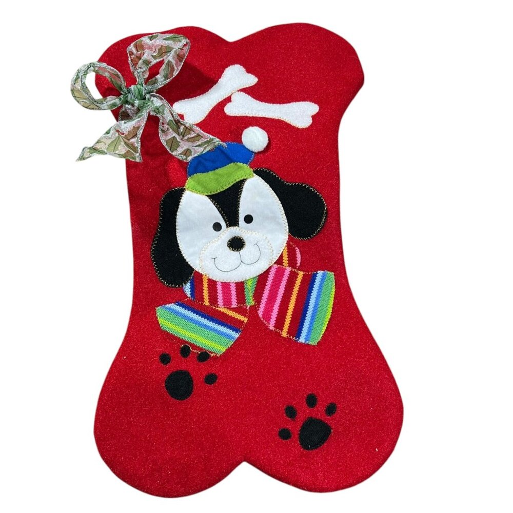 Dog Bone-Shaped Christmas Stocking With Cute Dog Appliqué & Bow